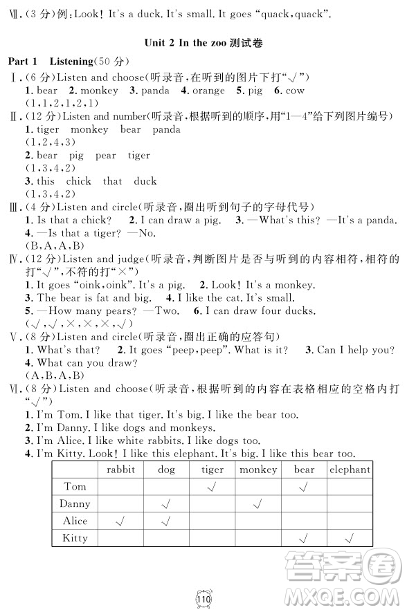 2018全新版英語(yǔ)鐘書(shū)金牌金試卷一年級(jí)上冊(cè)參考答案