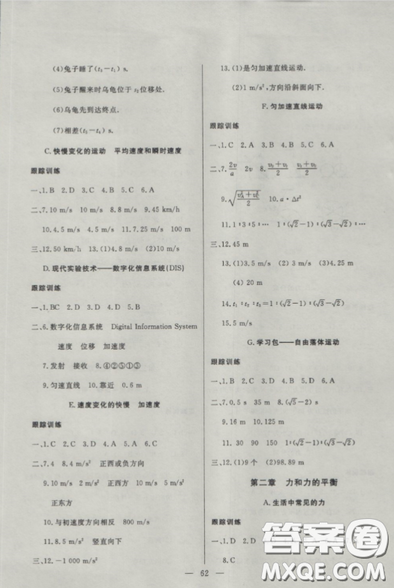 2018鐘書金牌金牌教練高一年級上冊物理參考答案