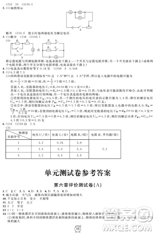 上海作業(yè)物理9年級(jí)上2018參考答案