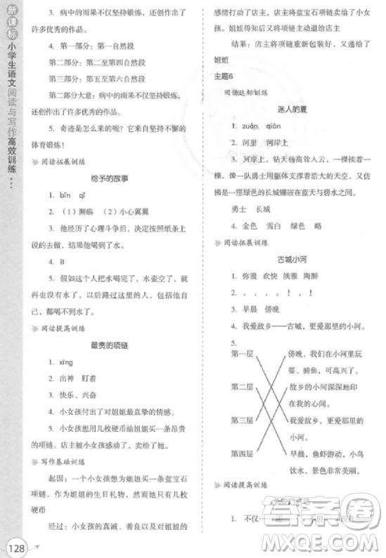 2018年新課標小學生語文閱讀與寫作高效訓練四年級參考答案