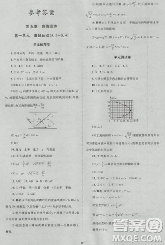 2018年新課標(biāo)單元測(cè)試卷高中物理必修2人教版參考答案