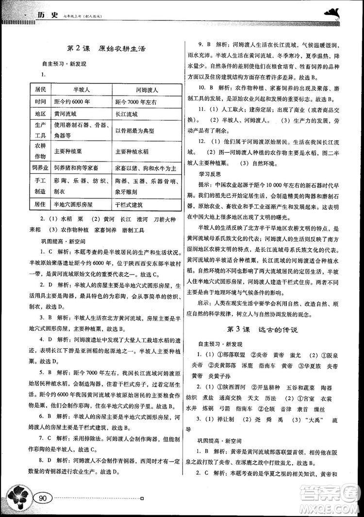 南方新課堂金牌學案2018七年級歷史上冊人教版參考答案