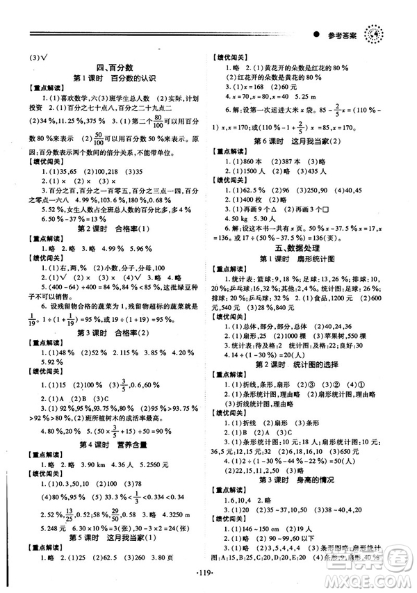 2018年最新版小學生績優(yōu)學案六年級數(shù)學上冊參考答案