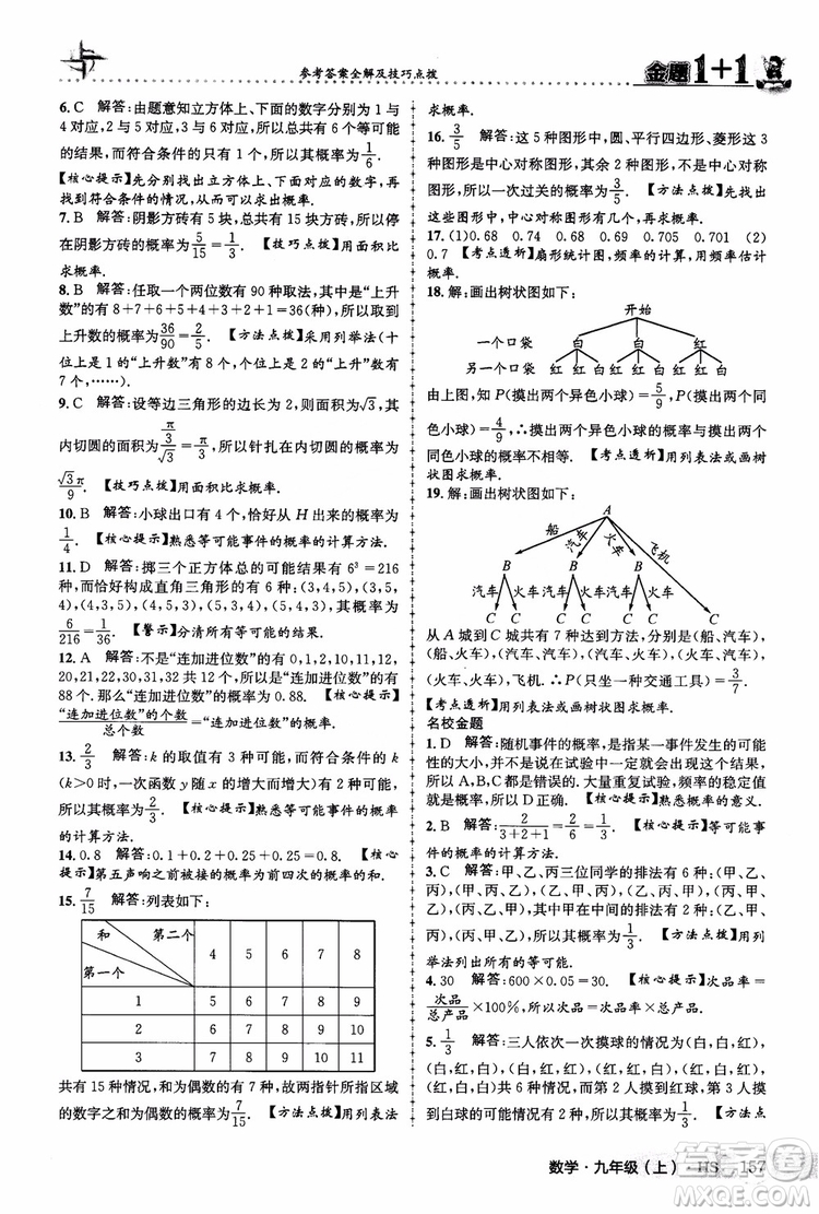 2018版金題1+1九年級(jí)數(shù)學(xué)上冊華師版HS參考答案