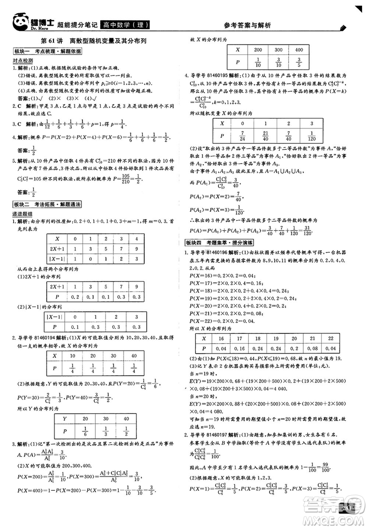 2019雄博士超能提分筆記高中理數(shù)參考答案