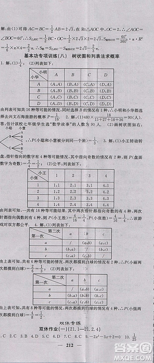 人教版2018年課堂點(diǎn)睛九年級數(shù)學(xué)上冊參考答案