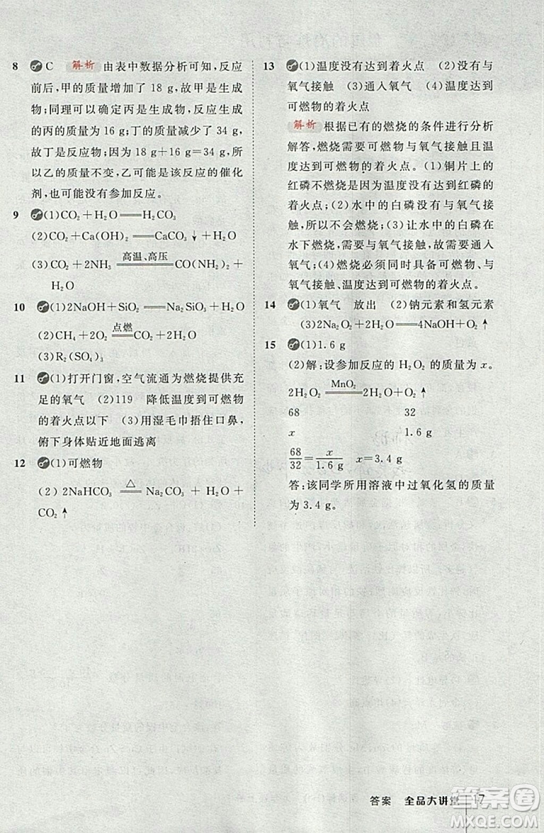 2018滬教版全品大講堂初中化學(xué)九年級(jí)上冊(cè)參考答案