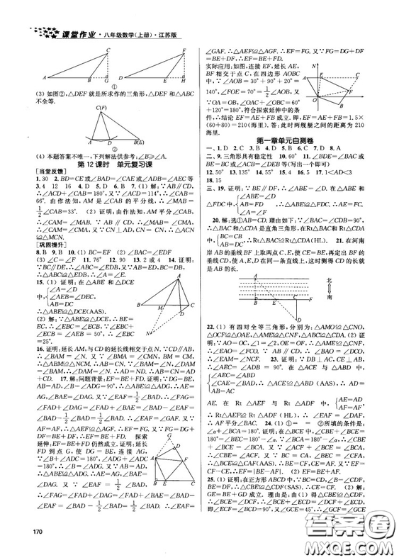 金三練2018課堂作業(yè)實(shí)驗(yàn)提高訓(xùn)練八年級數(shù)學(xué)上江蘇版答案