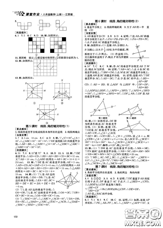 金三練2018課堂作業(yè)實(shí)驗(yàn)提高訓(xùn)練八年級數(shù)學(xué)上江蘇版答案