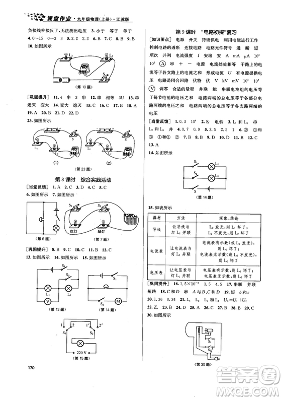 2018金三練課堂作業(yè)實驗提高訓(xùn)練九年級物理上江蘇版答案