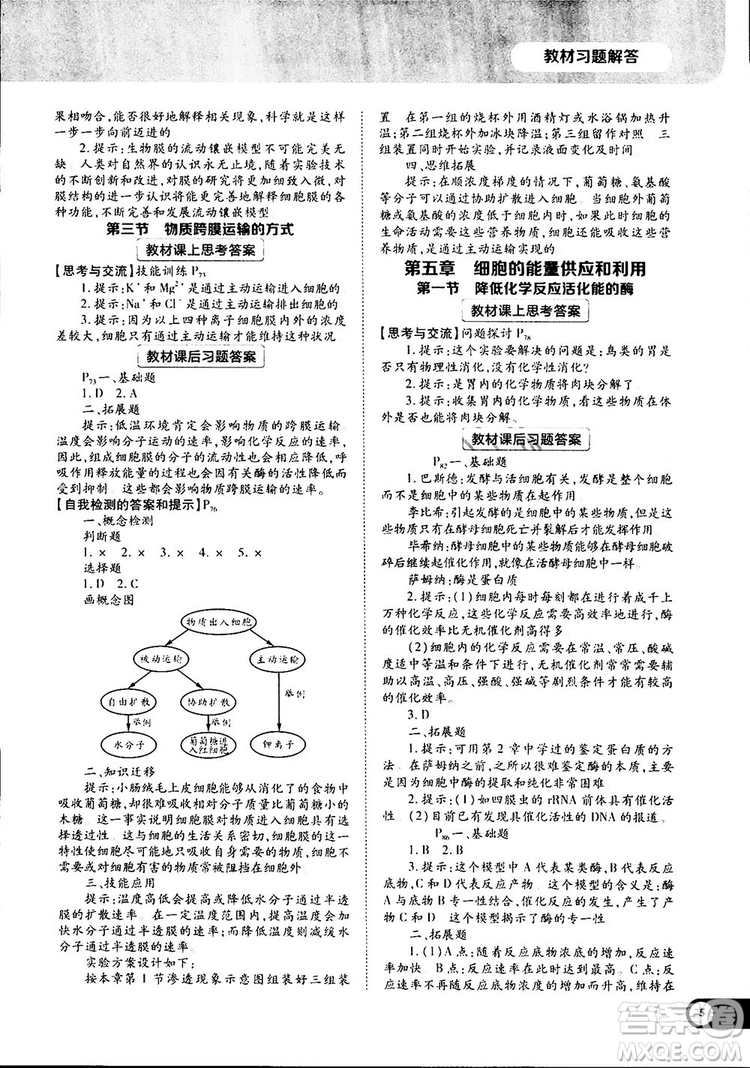 人教版2019最新王后雄學(xué)案教材完全解讀高中生物必修1參考答案