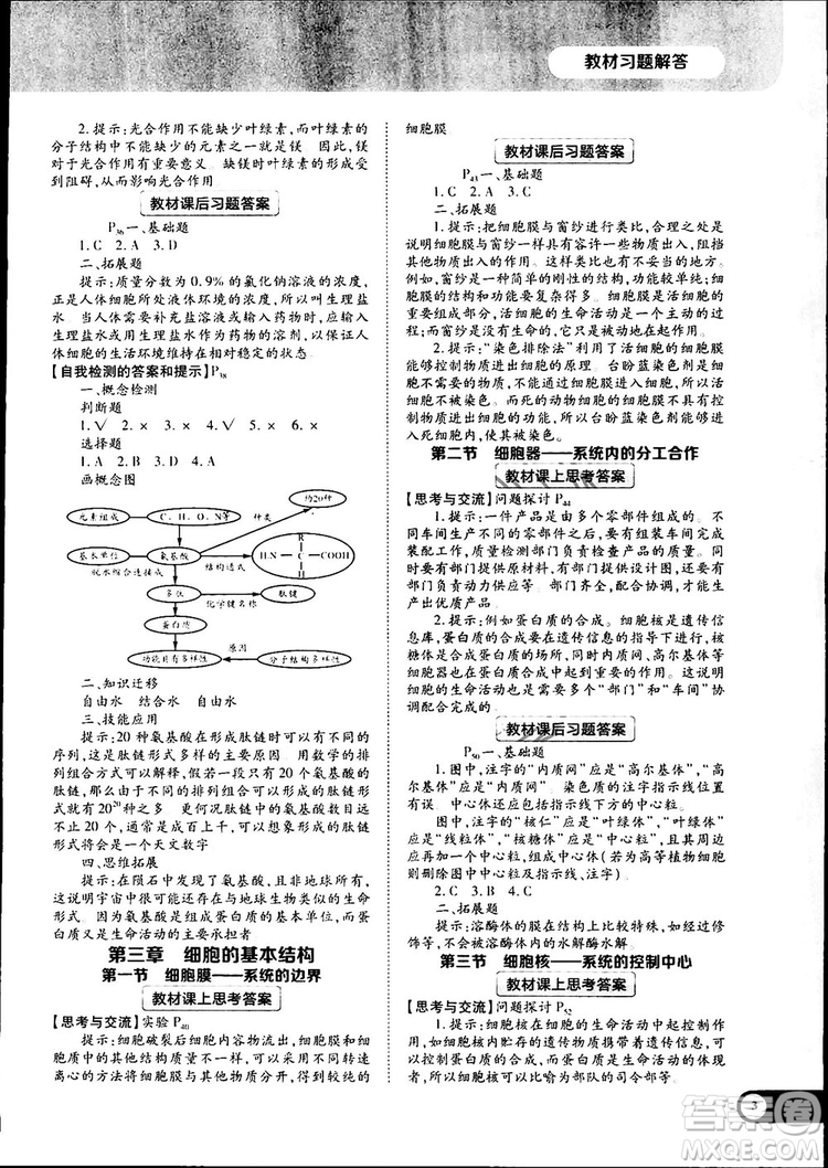 人教版2019最新王后雄學(xué)案教材完全解讀高中生物必修1參考答案