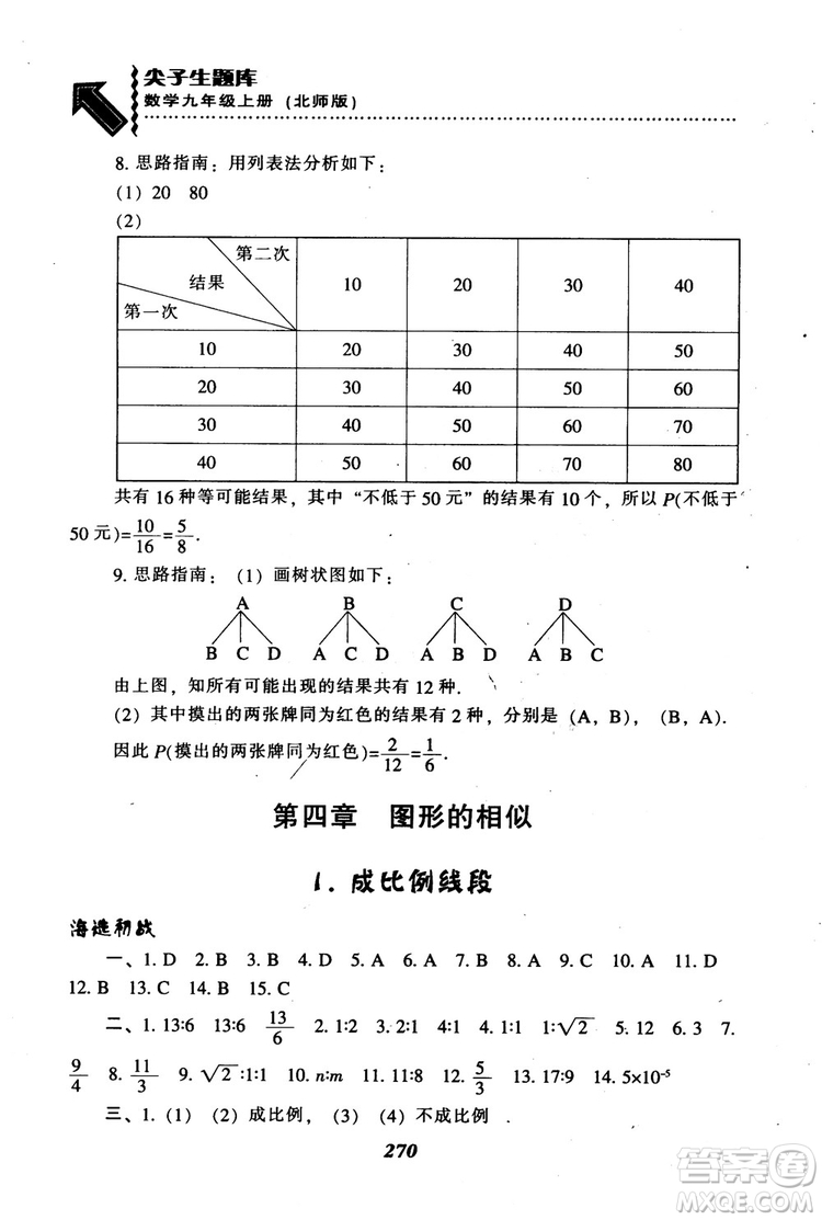 2018年秋尖子生題庫九年級數(shù)學(xué)上冊北師版BS參考答案