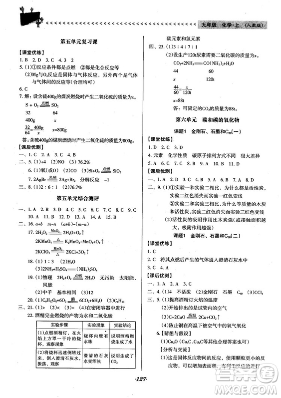 2018人教版全優(yōu)點練課計劃九年級化學(xué)上冊人教版參考答案