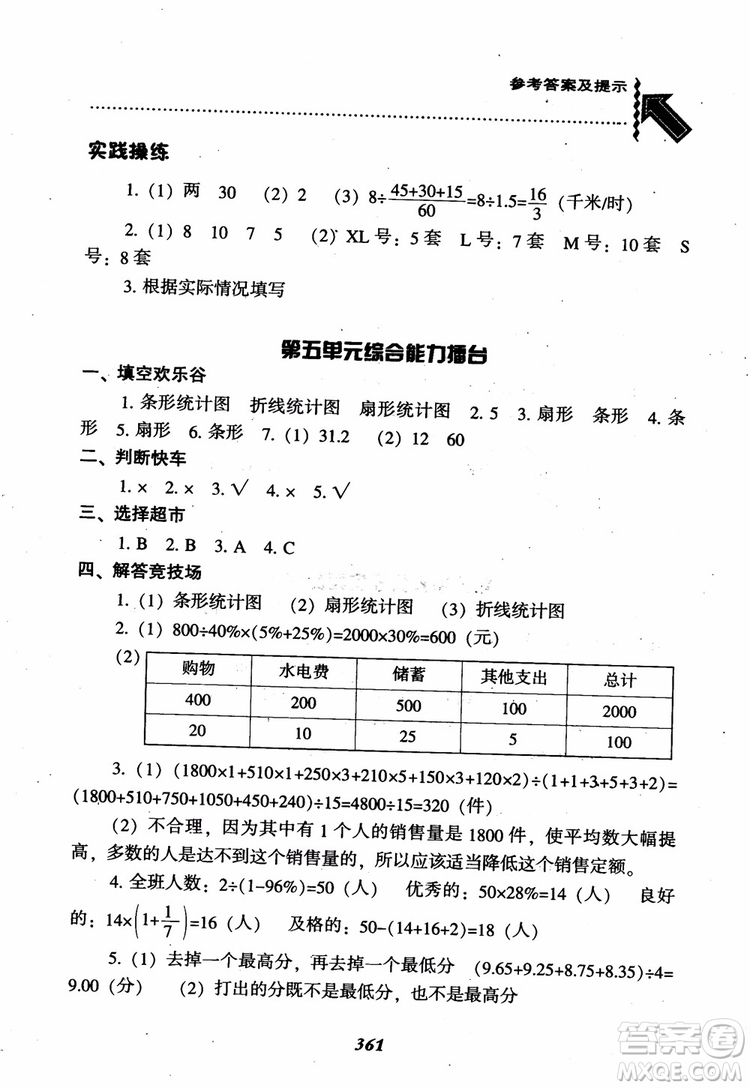 2019版尖子生題庫(kù)數(shù)學(xué)六年級(jí)上冊(cè)BS版北師大版參考答案