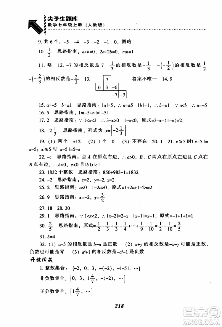 2018秋尖子生題庫數(shù)學(xué)7年級(jí)上冊(cè)RJ人教版參考答案