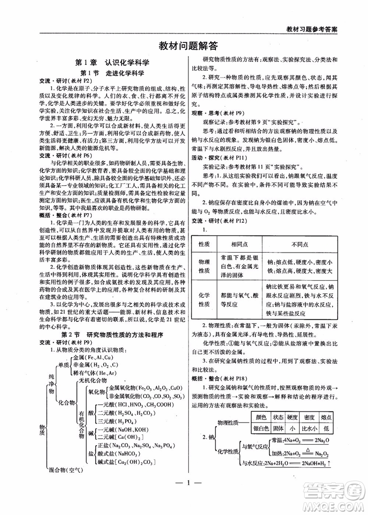 萬向思維2019版教材解讀與拓展高中化學必修1配魯科版參考答案 