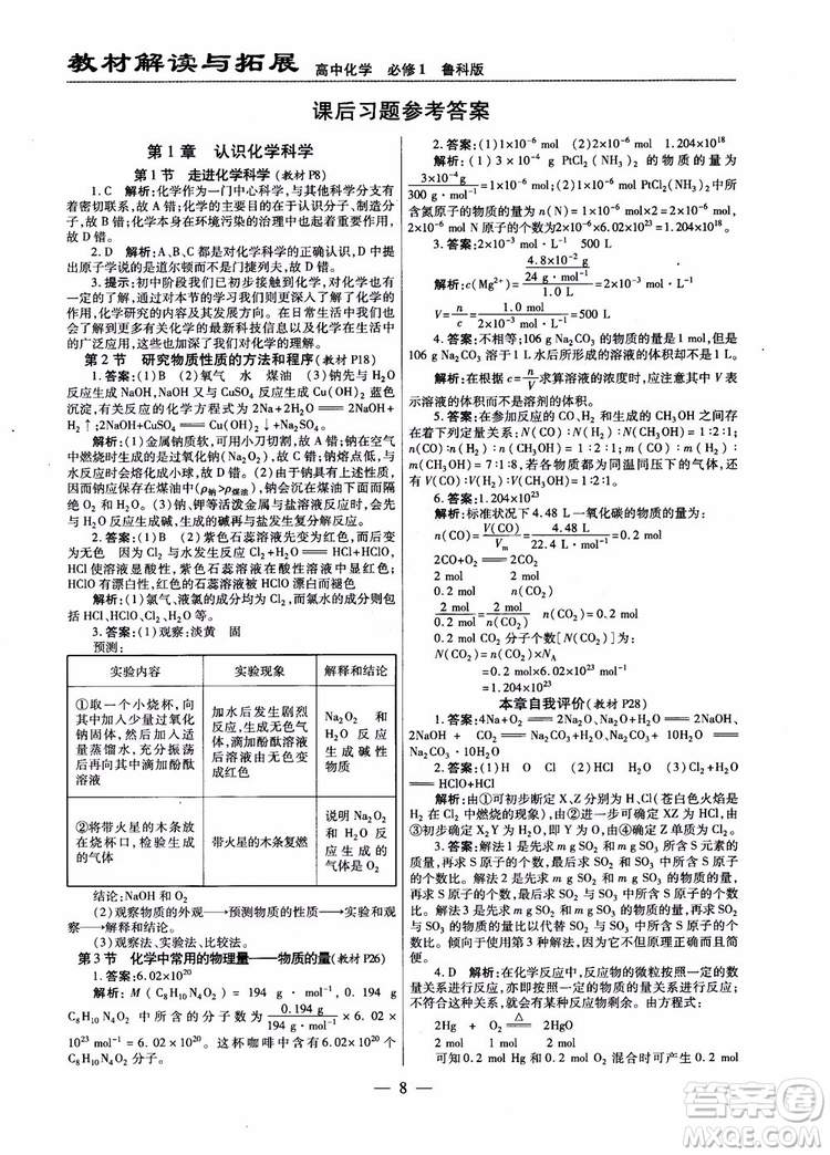 萬向思維2019版教材解讀與拓展高中化學必修1配魯科版參考答案 