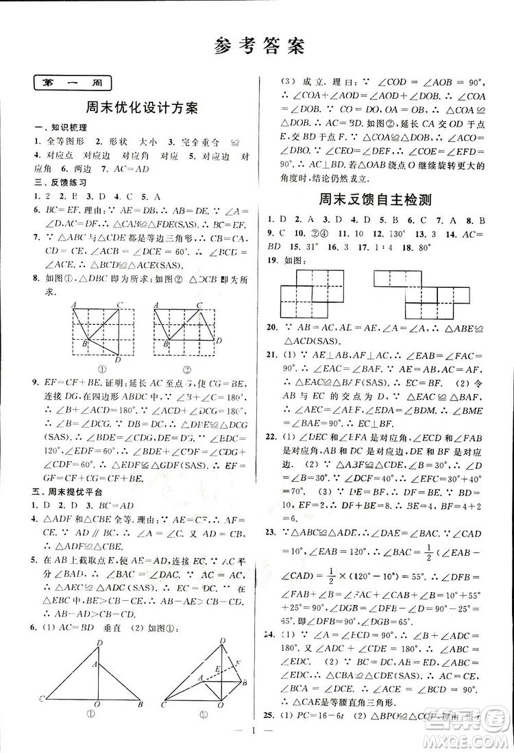 2019亮點給力周末優(yōu)化設(shè)計大試卷數(shù)學(xué)八年級上冊江蘇版答案