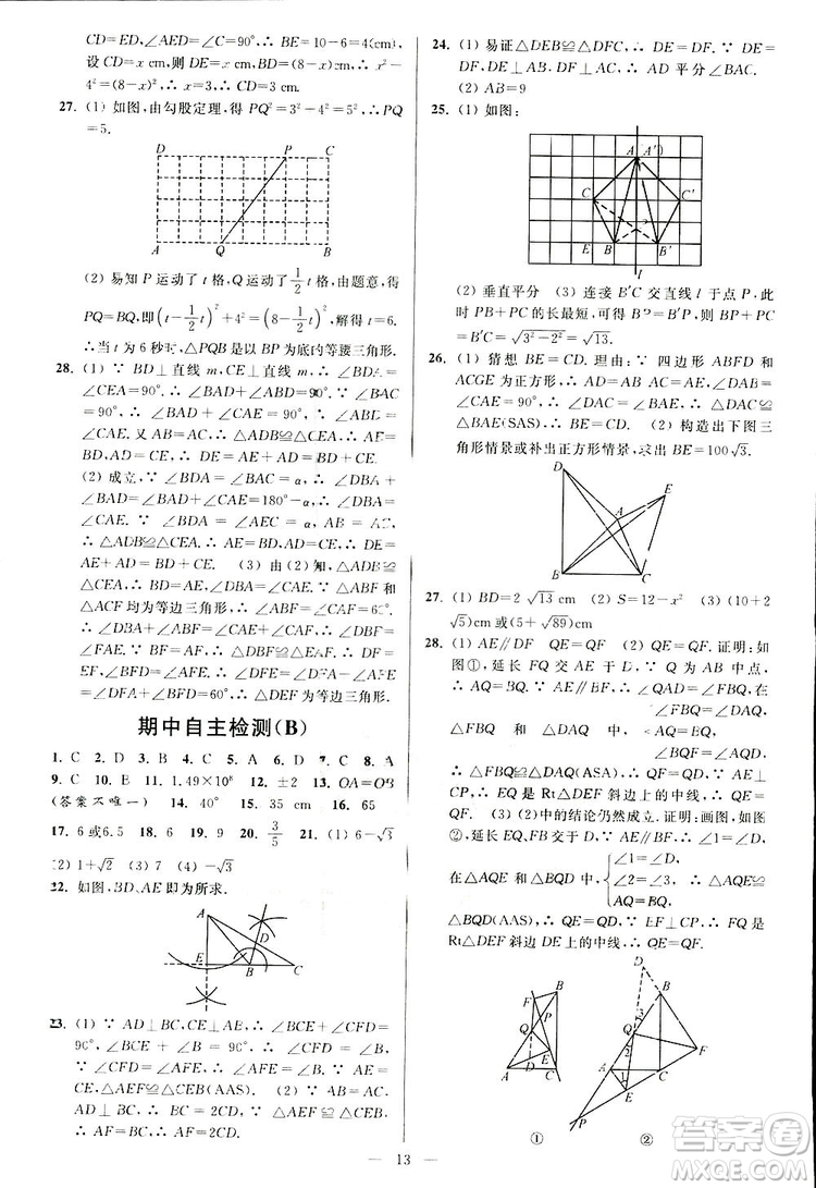 2019亮點給力周末優(yōu)化設(shè)計大試卷數(shù)學(xué)八年級上冊江蘇版答案