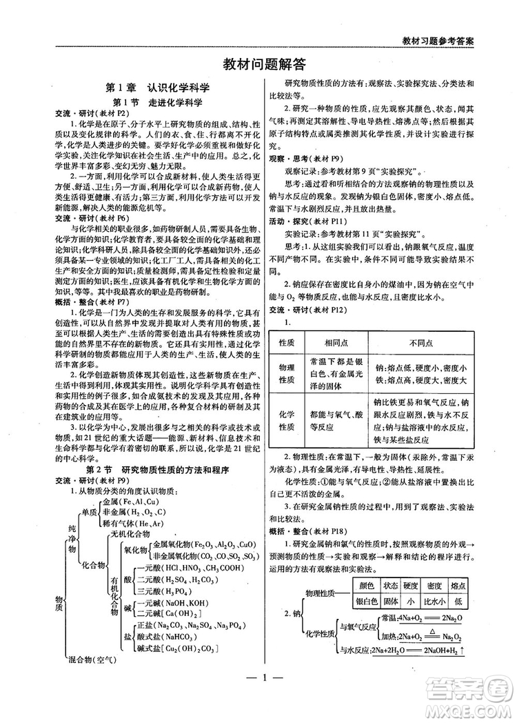 教材解讀與拓展2019魯科版高中化學必修1參考答案