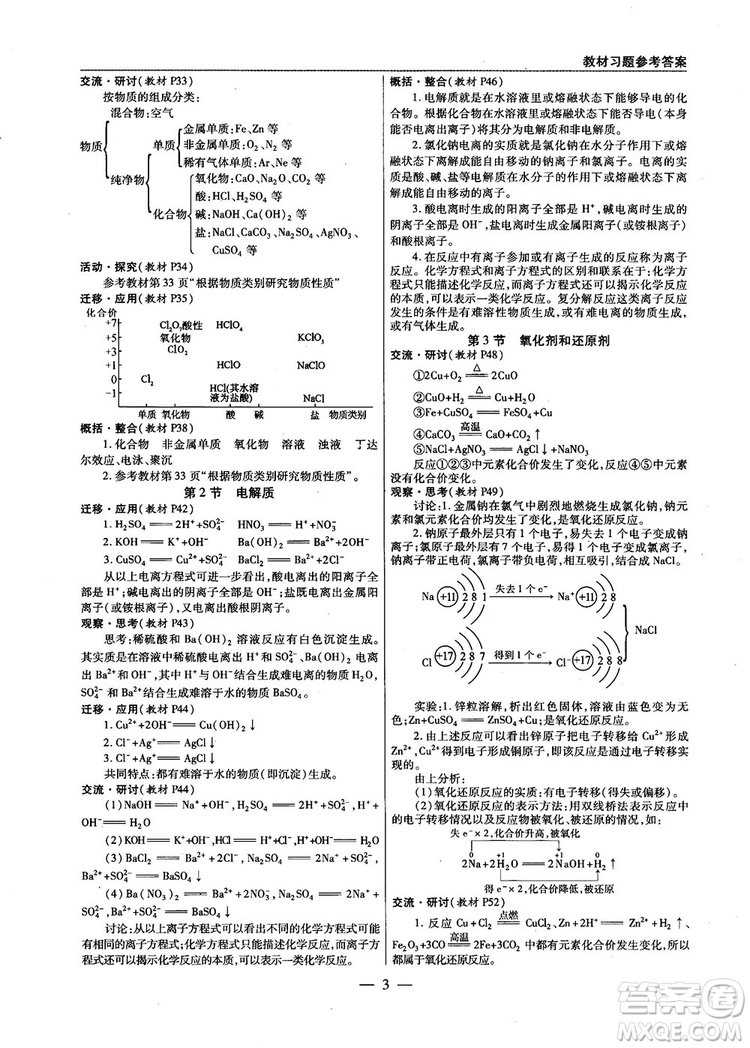 教材解讀與拓展2019魯科版高中化學必修1參考答案