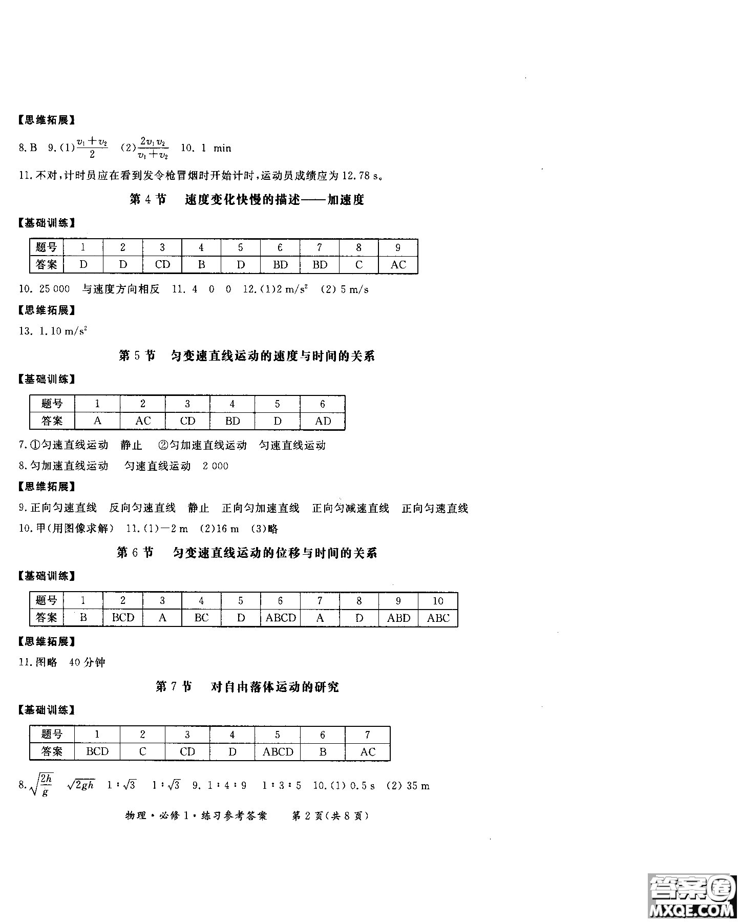 2018年形成性練習(xí)與檢測高中物理必修1參考答案