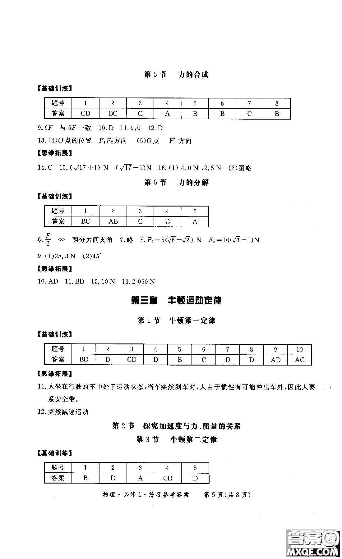 2018年形成性練習(xí)與檢測高中物理必修1參考答案