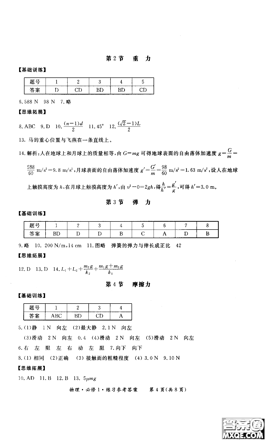 2018年形成性練習(xí)與檢測高中物理必修1參考答案