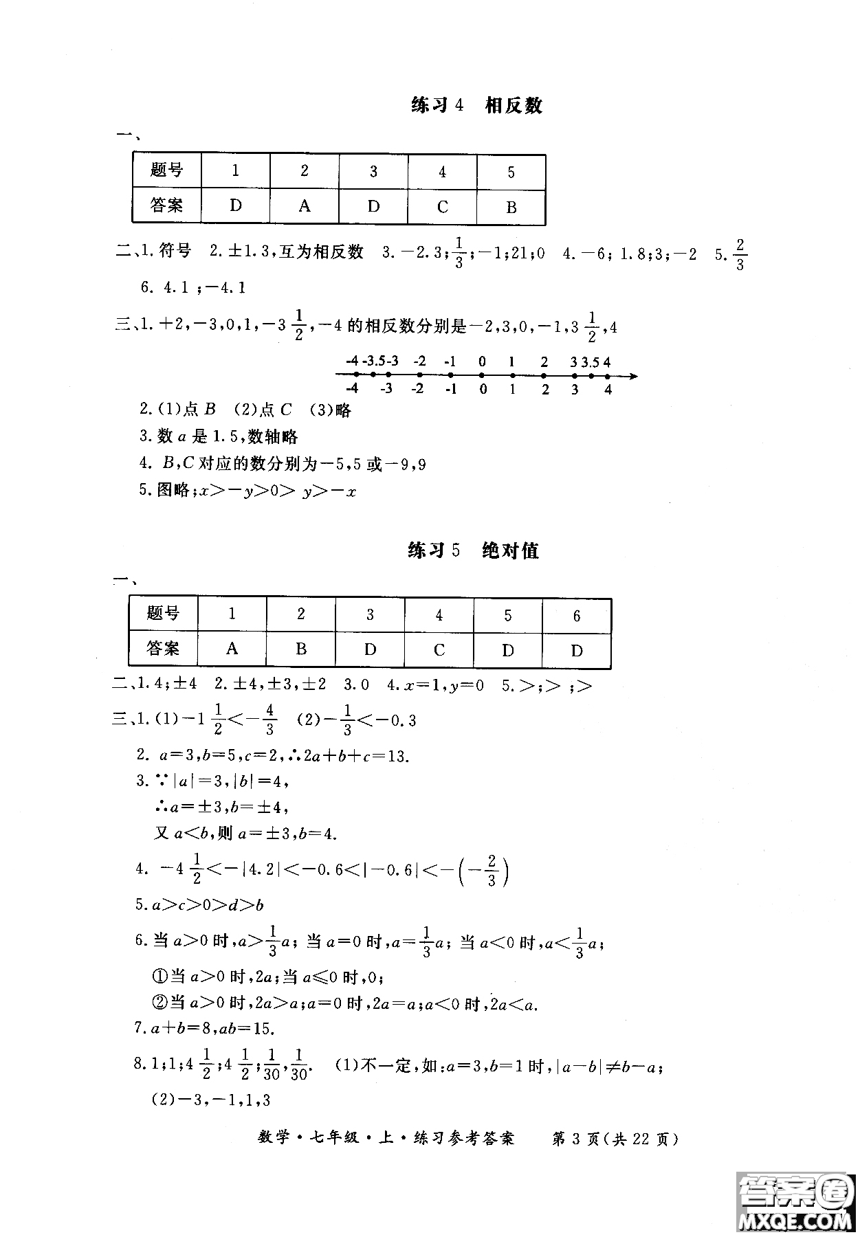 2018年新課標(biāo)形成性練習(xí)與檢測(cè)七年級(jí)數(shù)學(xué)上參考答案