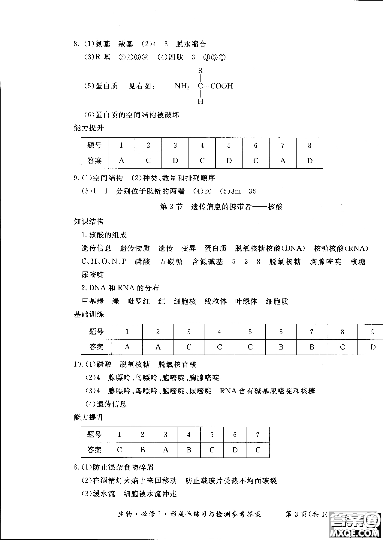 2018秋新課標(biāo)形成性練習(xí)與檢測(cè)生物必修1參考答案