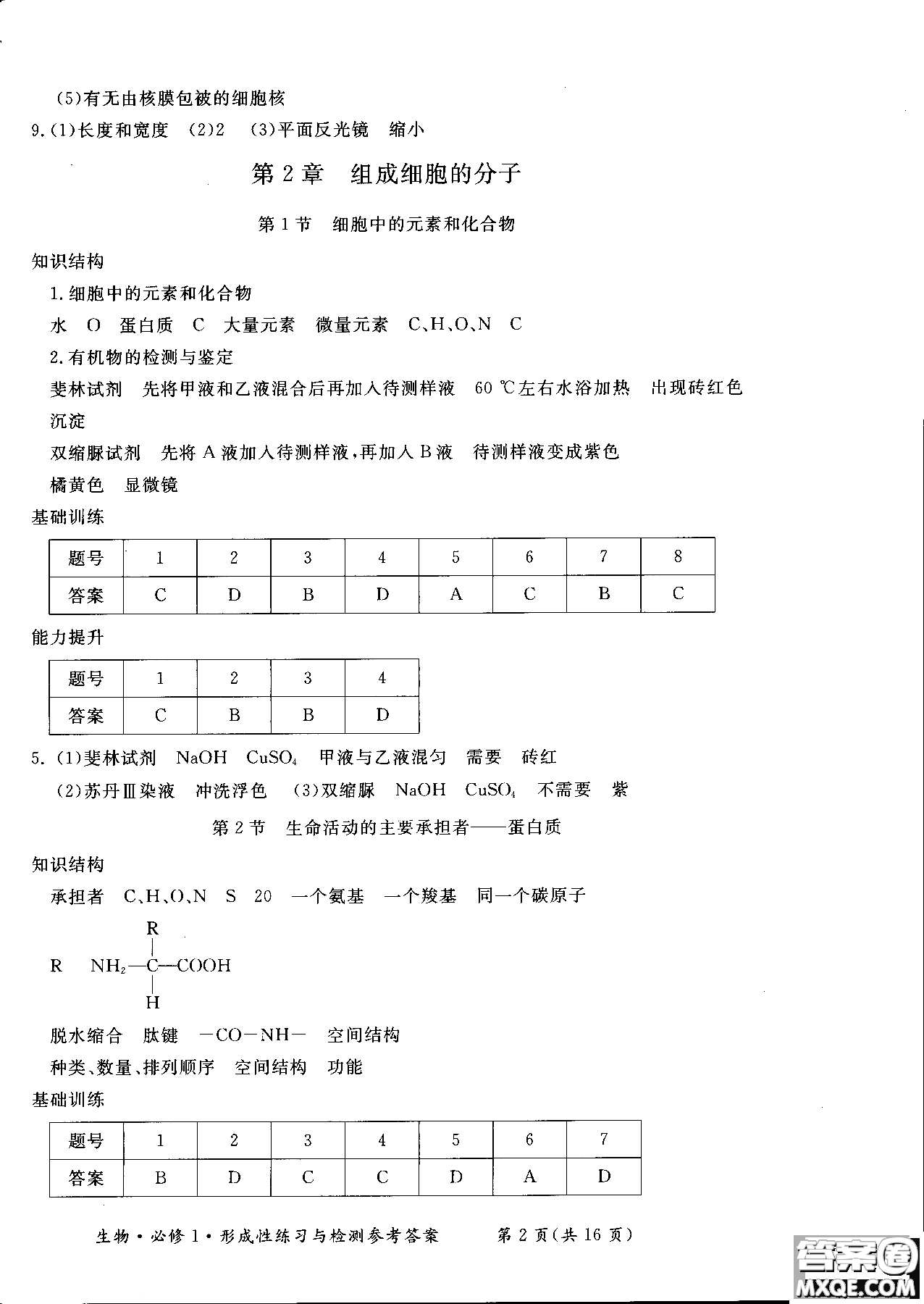 2018秋新課標(biāo)形成性練習(xí)與檢測(cè)生物必修1參考答案