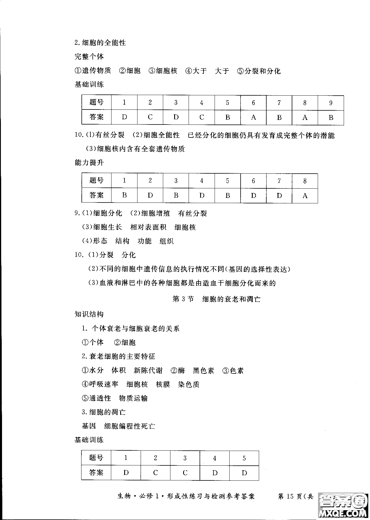 2018秋新課標(biāo)形成性練習(xí)與檢測(cè)生物必修1參考答案