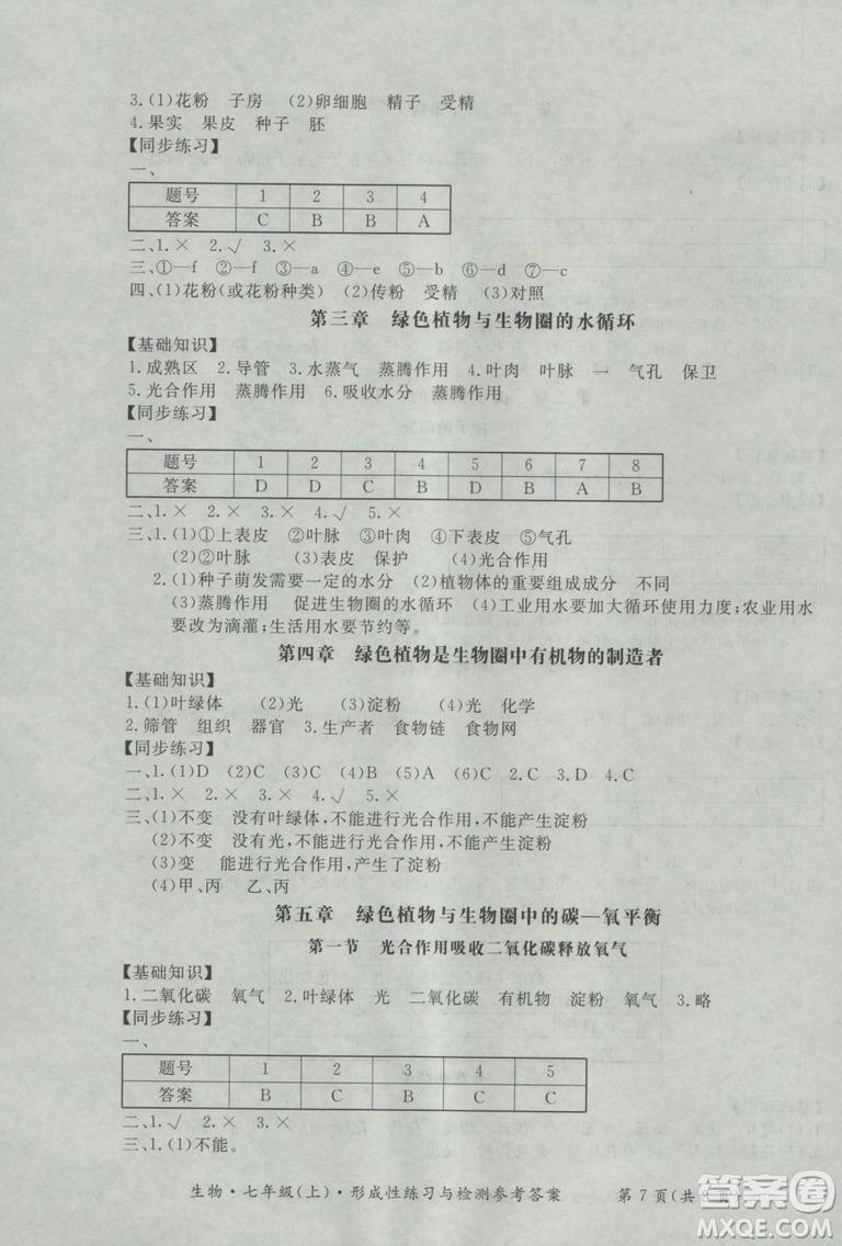 新課標(biāo)形成性練習(xí)與檢測(cè)七年級(jí)生物上冊(cè)2018參考答案