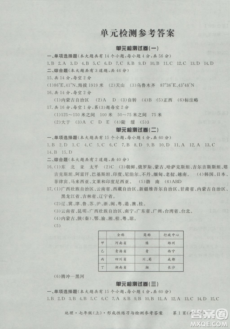 2018秋七年級地理上新課標形成性練習與檢測參考答案