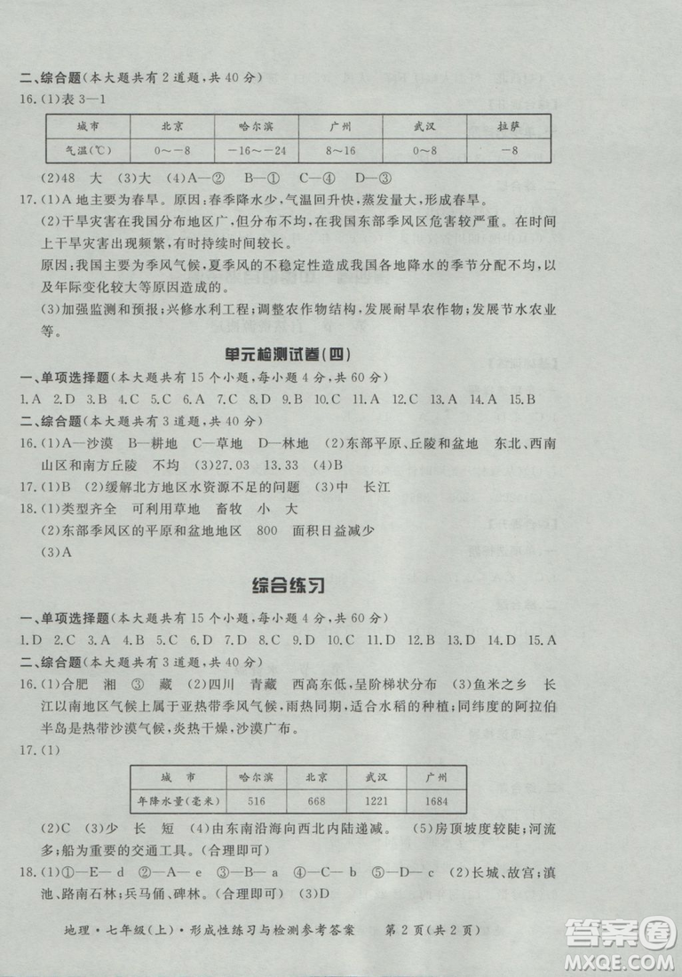 2018秋七年級地理上新課標形成性練習與檢測參考答案