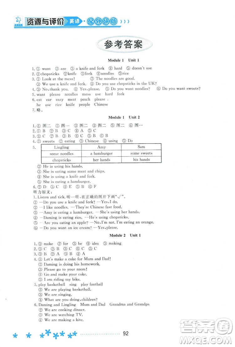 2018資源與評(píng)價(jià)英語(yǔ)三年級(jí)上冊(cè)外研版參考答案