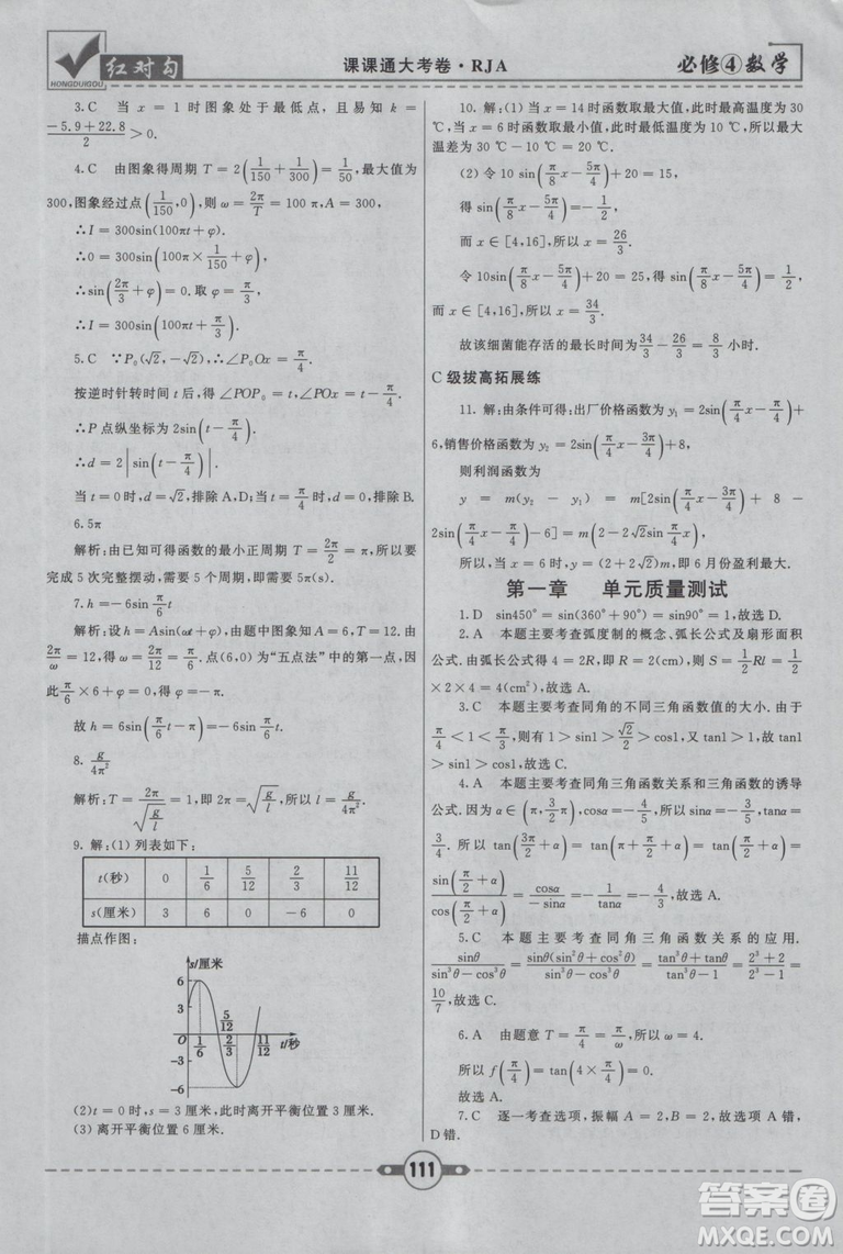 紅對(duì)勾2019人教A版課課通大考卷高中數(shù)學(xué)必修4參考答案