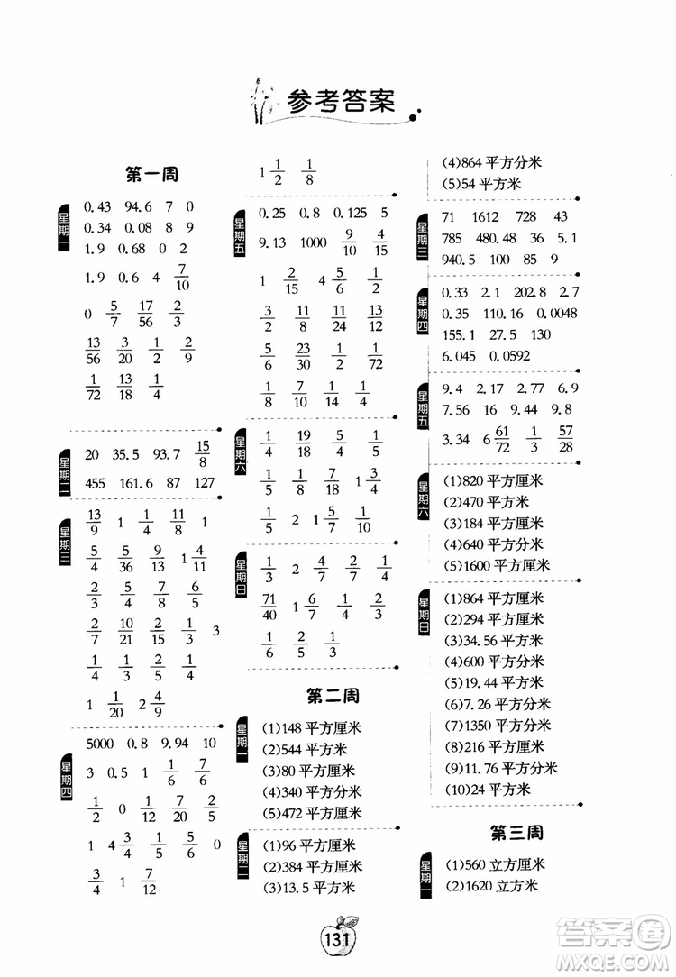 2018秋春雨教育專項(xiàng)訓(xùn)練小學(xué)數(shù)學(xué)計(jì)算高手六年級數(shù)學(xué)上冊JSJY蘇教版參考答案