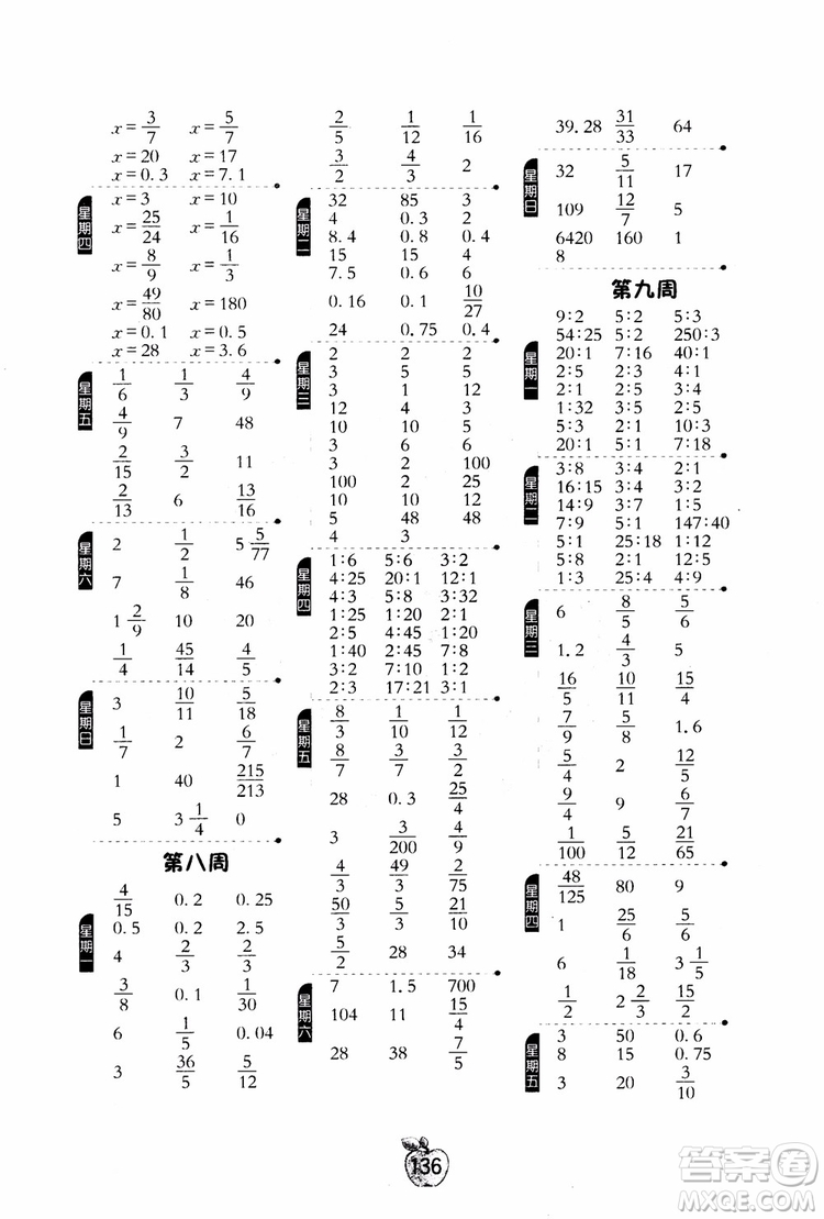 2018秋小學數(shù)學計算高手6六年級上冊RMJY人教版參考答案