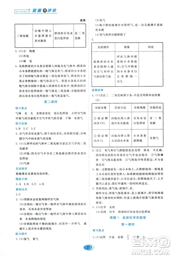 五四學(xué)制2018資源與評價八年級化學(xué)全一冊上冊人教版參考答案