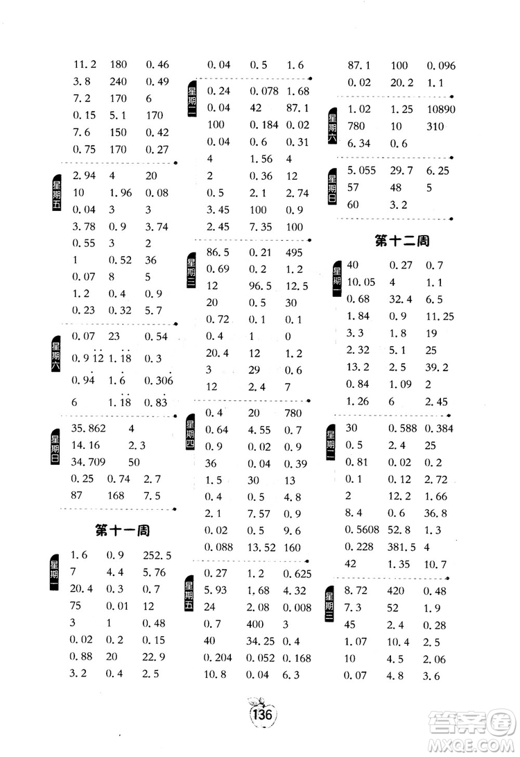 2018秋小學(xué)數(shù)學(xué)計算高手5五年級上冊人教版參考答案