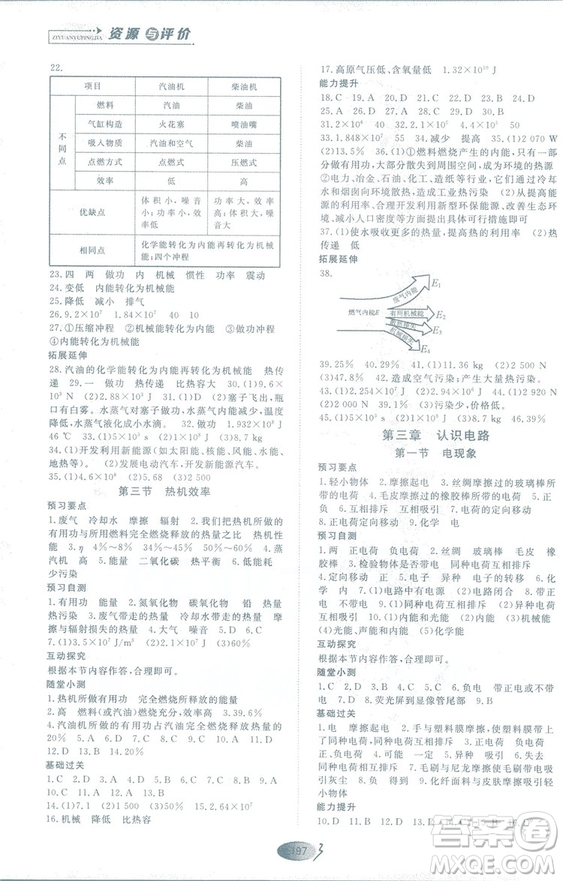 2018年資源與評價物理九年級上冊山教版參考答案