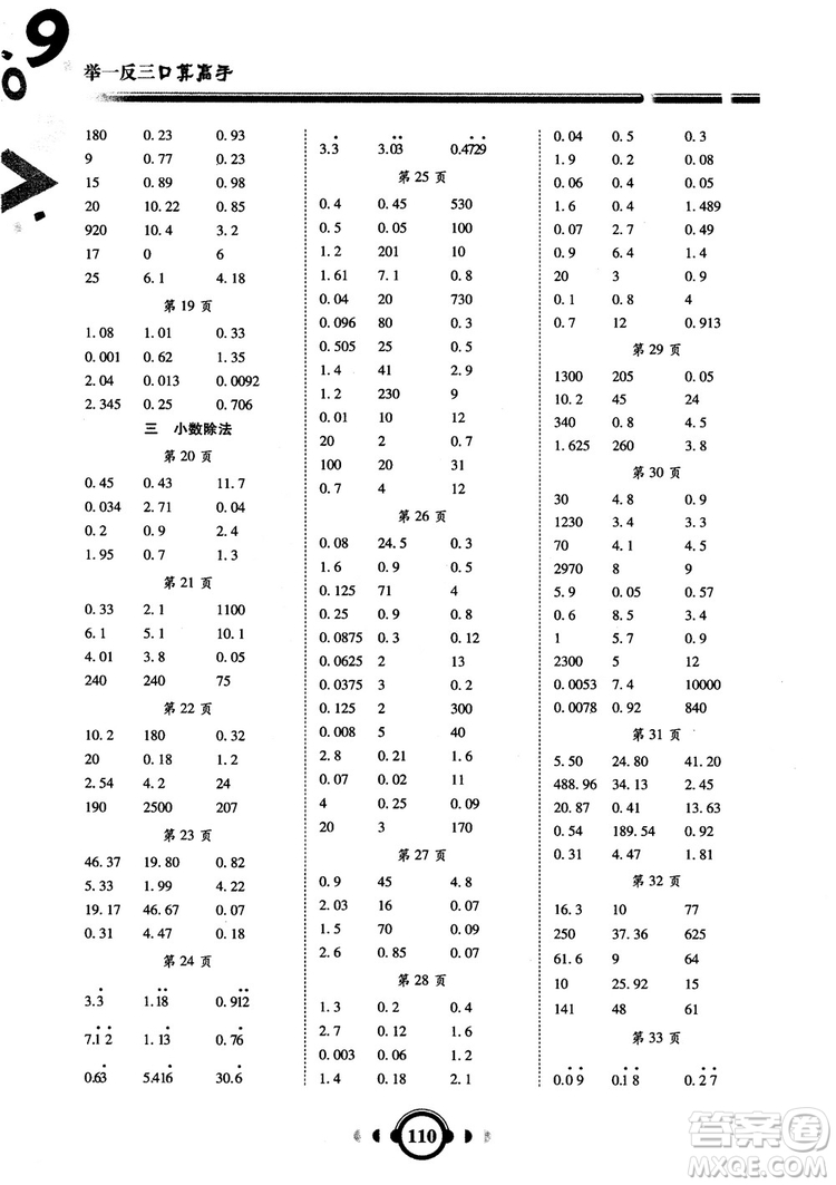 2018秋新版舉一反三口算高手數(shù)學五年級上冊RJ人教版參考答案