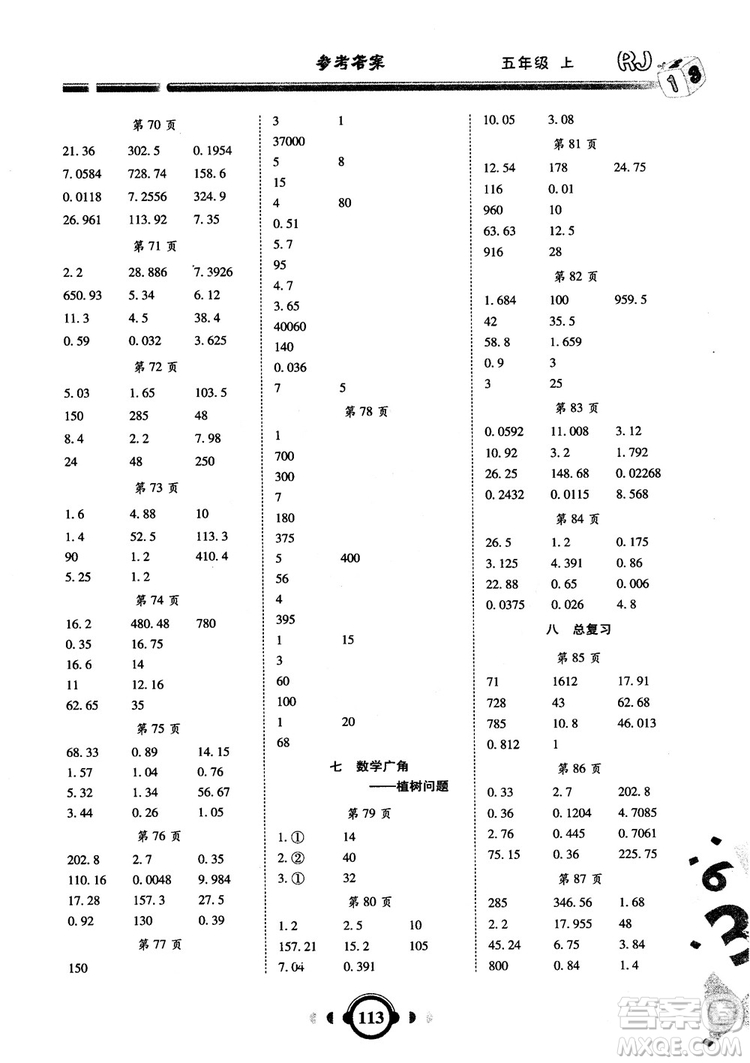 2018秋新版舉一反三口算高手數(shù)學五年級上冊RJ人教版參考答案