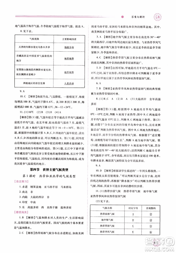 2018年初一績優(yōu)學案7年級地理上冊湘教版參考答案