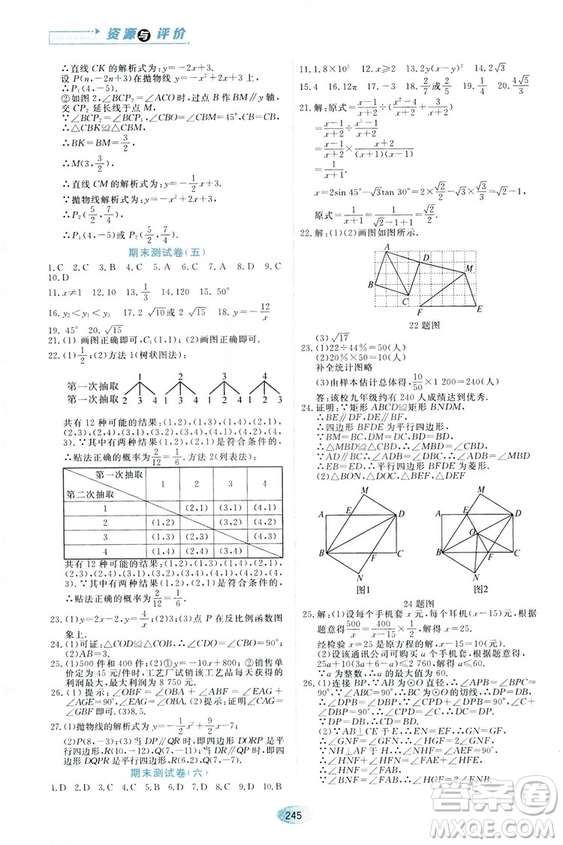 五四學(xué)制人教版2018資源與評(píng)價(jià)數(shù)學(xué)九年級(jí)上冊(cè)參考答案