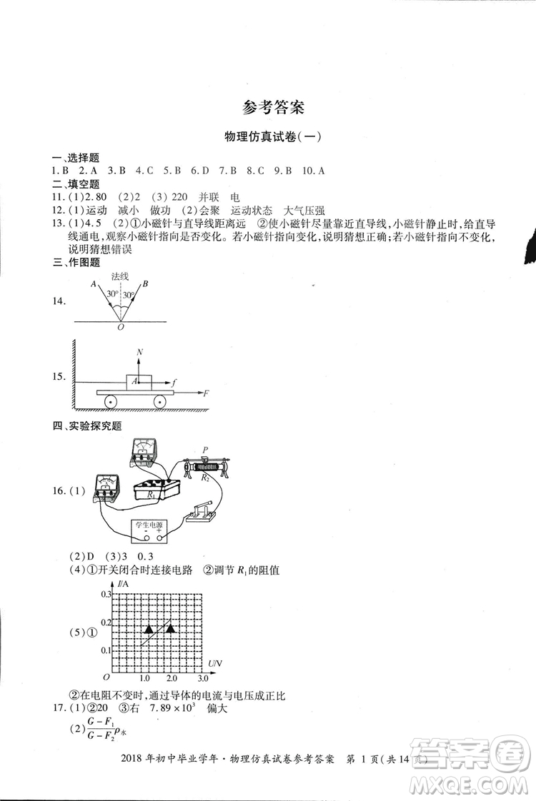 2018年資源與評(píng)價(jià)中考全程總復(fù)習(xí)物理D版參考答案