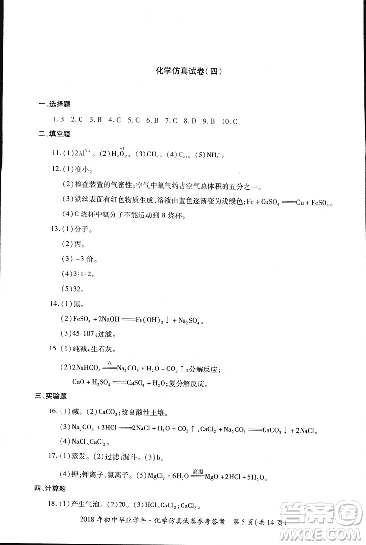 2018年資源與評價中考全程總復(fù)習(xí)化學(xué)D版參考答案