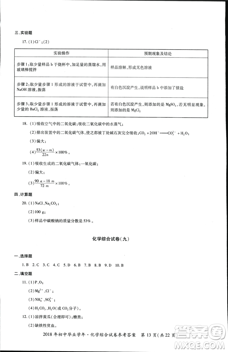 2018年資源與評價中考全程總復(fù)習(xí)化學(xué)D版參考答案